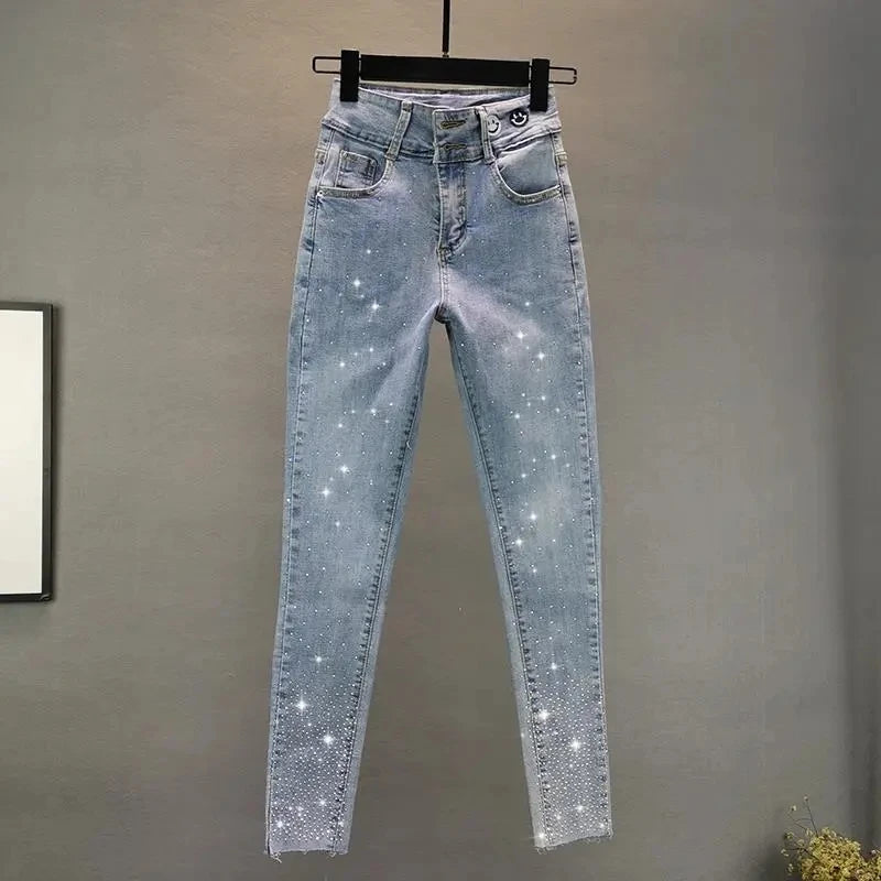 Women's Jeans 2025 Summer New Elastic Slim Heavy Industry Hot Diamond Small Foot Pencil Pants Female Casual Denim Trousers